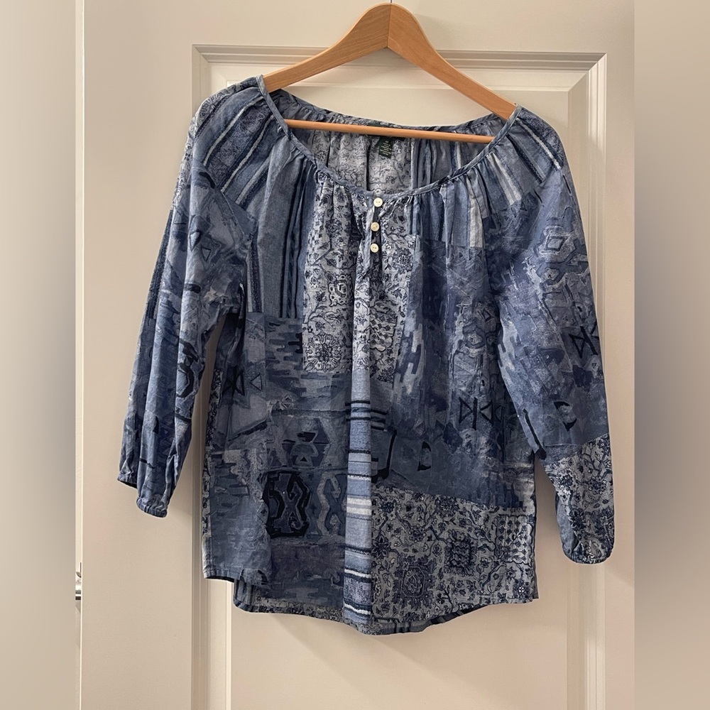 Ralph Lauren Blue Patchwork-Print Peasant Blouse